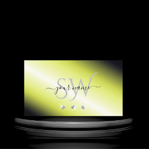 Shimmery Yellow Silver Sparkling Diamonds Monogram Business Card