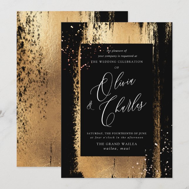 Shine, Faux Metallic Gold Brush Stroke Invitation (Front/Back)