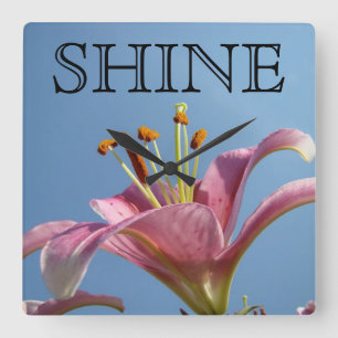 SHINE gifts Pink Lily Flowers Blue Sky Inspiration Square Wall Clock