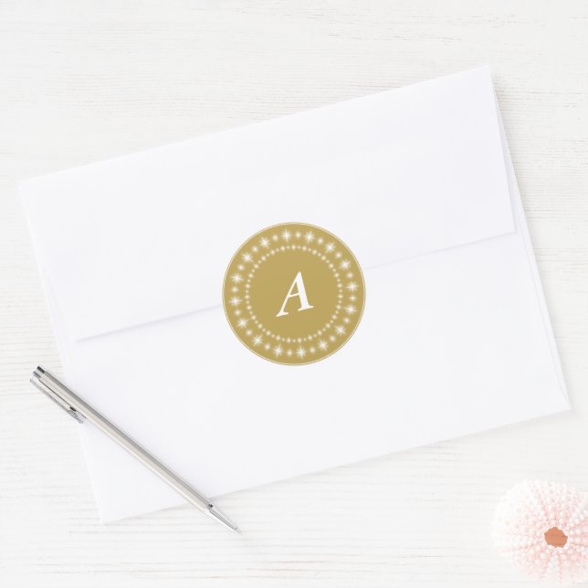 Shine Glow Stars Monogram On Gold Elegant Holiday Classic Round Sticker (Envelope)