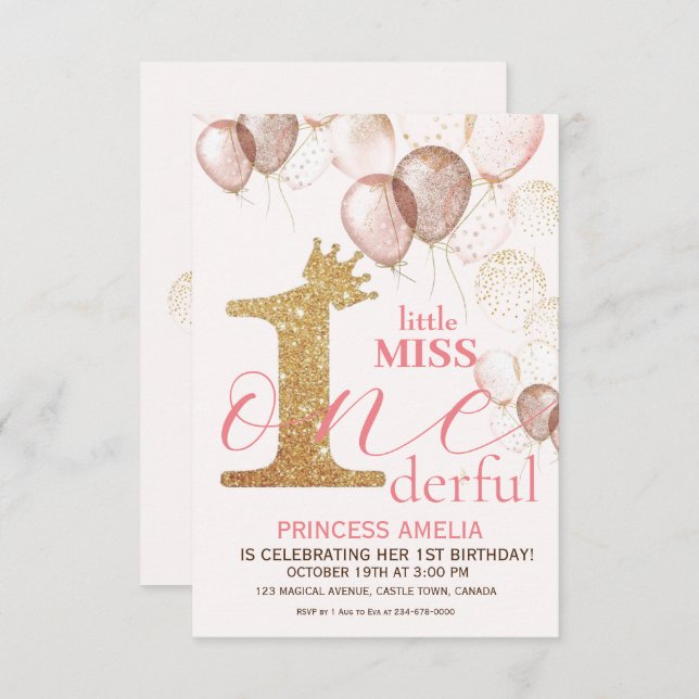 Shine Gold Crown Princess BlushFirst Birthday Invitation (Front/Back)