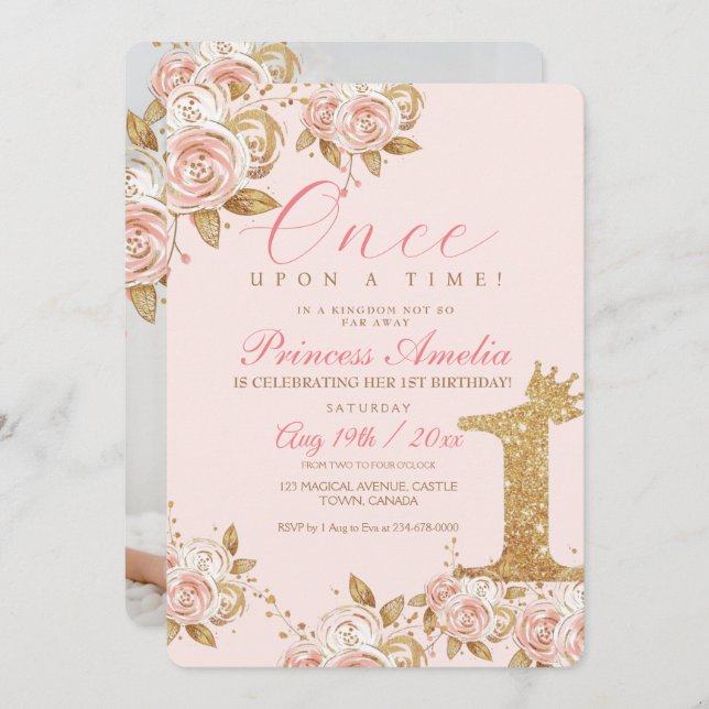 Shine Gold Princess 1st Birthday Party First Invitation (Front/Back)