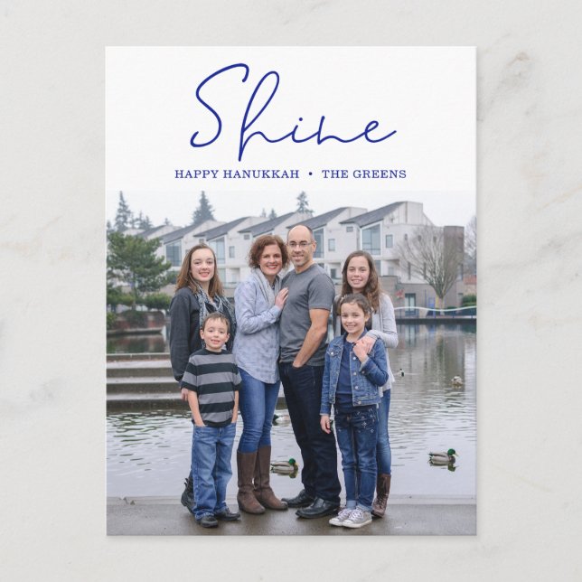 Shine Happy Hanukkah Blue Photo Holiday Postcard (Front)