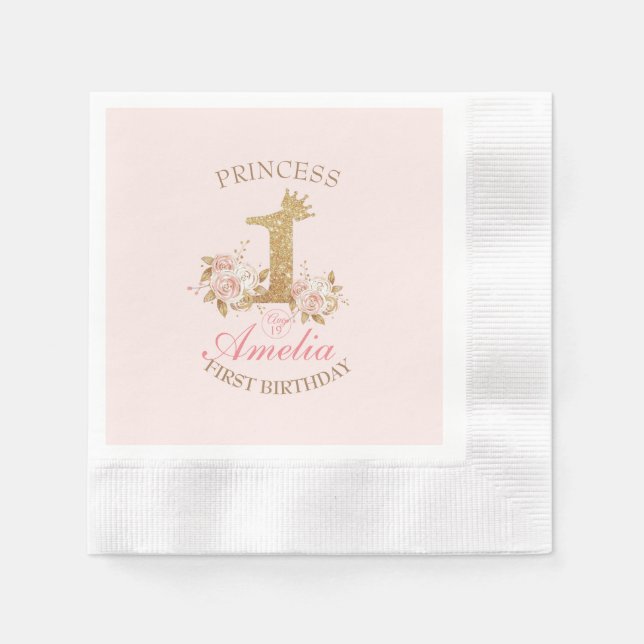 Shine Pink Gold Crown Princess 1st Birthday Party Napkin (Front)