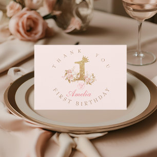 Shine Pink Gold Crown Princess 1st Birthday Party Thank You Card