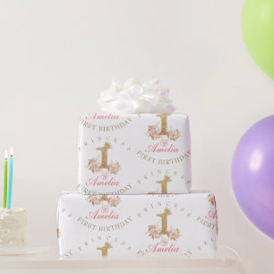 Shine Pink Gold Crown Princess 1st Birthday Party  Wrapping Paper