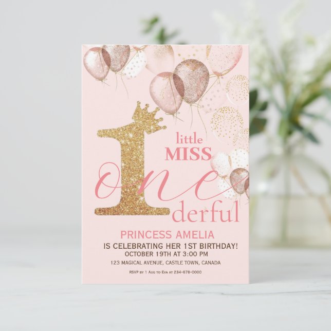 Shine Pink Gold Crown Princess Blush 1st Birthday Invitation (Standing Front)