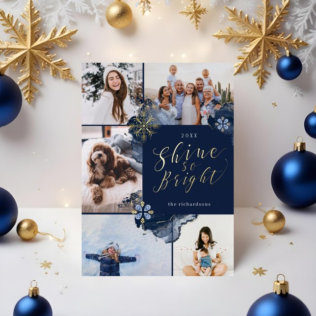 Shine So Bright & Navy Gold Agate Ink Five Photo (Shine So Bright & Navy Gold Agate Ink Five Photo Foil Holiday Card)