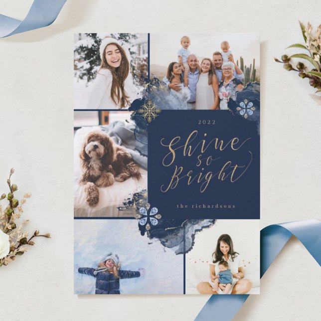 Shine So Bright & Navy Gold Agate Ink Five Photo Holiday Card (Creator Uploaded)