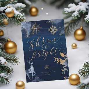 Shine So Bright Navy Gold Snowflakes & Reindeer Holiday Card