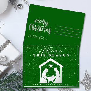 Shine This Season Nativity Christmas Green Silver Foil Holiday Postcard