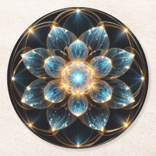 Shining Blue Flowers (Mandala) Round Paper Coaster