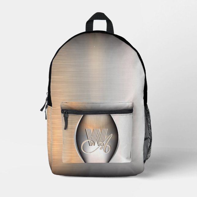 Shining brushed steel monogram  printed backpack (Front)