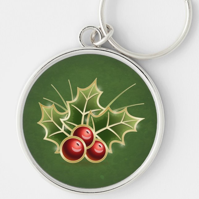 Shining Holly Berry Christmas green Key Ring (Front)