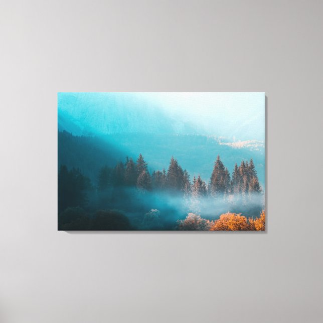 Shining light on foggy autumn forest canvas print (Front)