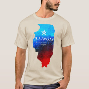 Shining Red Blue Glitter Map of State of Illinois T-Shirt