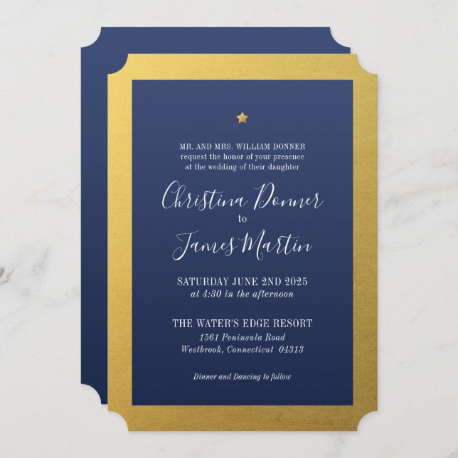 Shining Star Navy Gold Ticket Wedding Invitation (Front/Back)