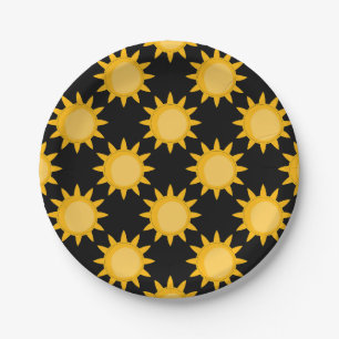 Shining Sun Illustration On Black Pattern Design  Paper Plate