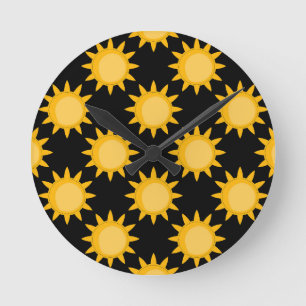 Shining Sun Illustration On Black Pattern Design Round Clock