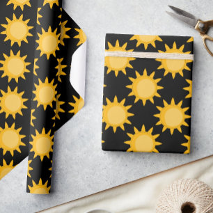 Shining Sun Illustration On Black Pattern Design Wrapping Paper