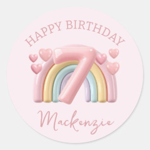 Shiny 3D Rainbow 7th Birthday Girl on Pink Classic Round Sticker