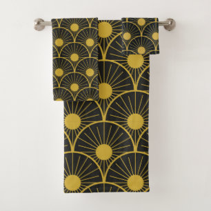 Shiny Art Deco Gold Sun Pattern on Black Bath Towel Set