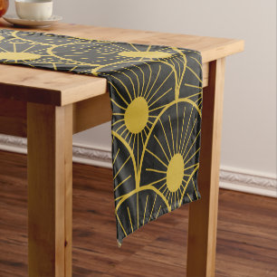 Shiny Art Deco Gold Sun Pattern on Black  Short Table Runner