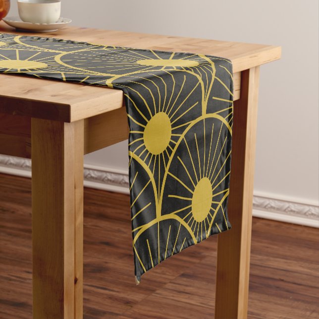 Shiny Art Deco Gold Sun Pattern on Black  Short Table Runner (In Situ)