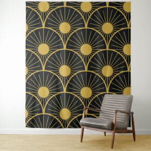 Shiny Art Deco Gold Sun Pattern on Black  Tapestry