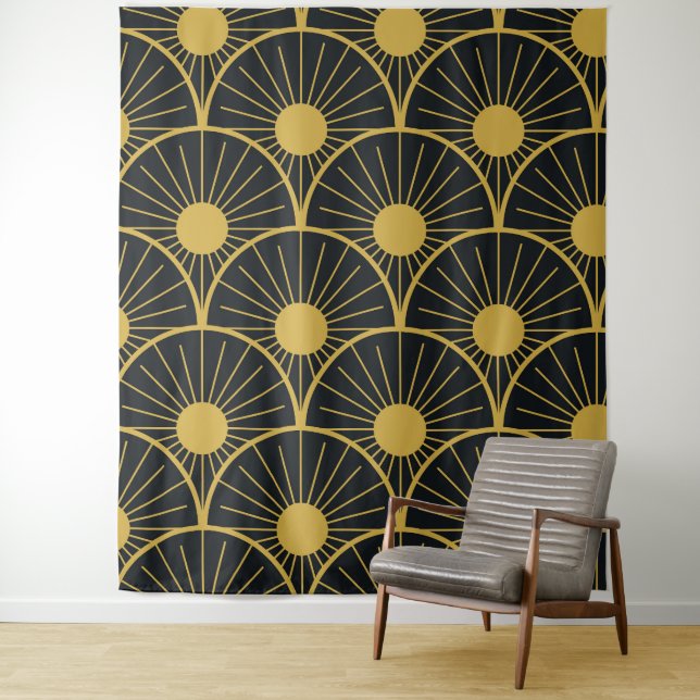 Shiny Art Deco Gold Sun Pattern on Black  Tapestry (In Situ)