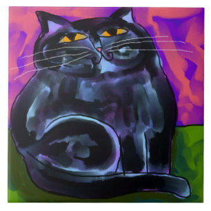 Shiny Black Cat Abstract Digital Painting Tile