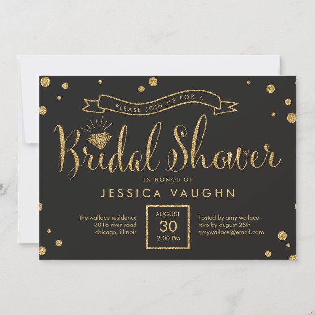 Shiny Bling Bridal Shower Invitation - Black Gold (Front)