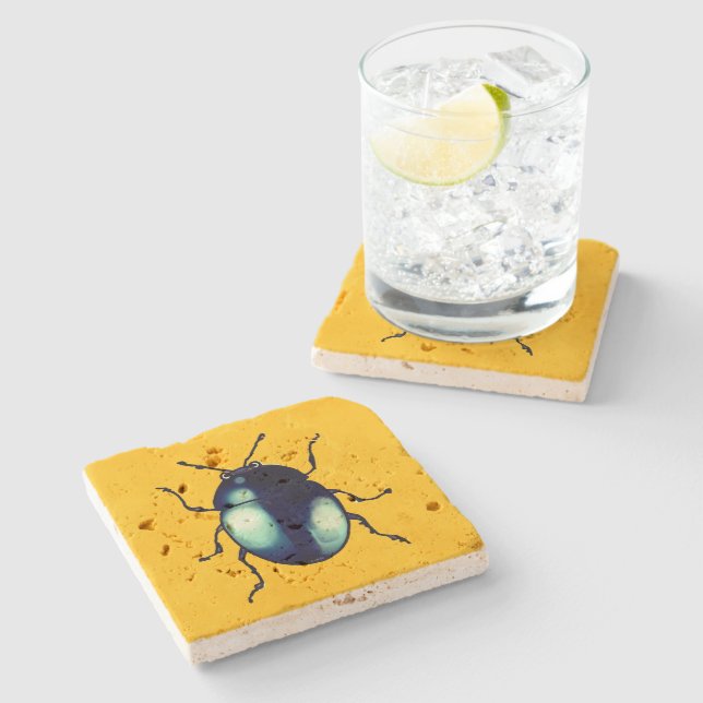 Shiny Blue Beetle Illustration Stone Coaster (Side)