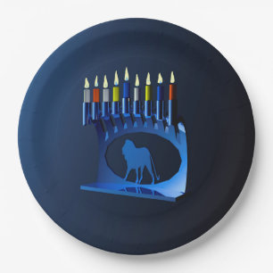 Shiny Blue Chanukkah Menorah Paper Plate