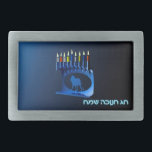 Shiny Blue Chanukkah Menorah Rectangular Belt Buckle<br><div class="desc">A modernistic,  metallic,  blue Chanukkah menorah,  featuring a lion in silhouette,  against a dark,  night-like background. All nine of the candles are lit. Hebrew text reading "Chag Chanukkah Sameach" (Happy Hanukkah) also appears in glowing blue and white.</div>