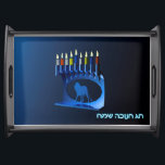 Shiny Blue Chanukkah Menorah Serving Tray<br><div class="desc">A modernistic,  metallic,  blue Chanukkah menorah,  featuring a lion in silhouette,  against a dark,  night-like background. All nine of the candles are lit. Hebrew text reading "Chag Chanukkah Sameach" (Happy Hanukkah) also appears in glowing blue and white.</div>