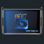 Shiny Blue Chanukkah Menorah Serving Tray<br><div class="desc">A modernistic,  metallic,  blue Chanukkah menorah,  featuring a lion in silhouette,  against a dark,  night-like background. All nine of the candles are lit. Hebrew text reading "Chag Chanukkah Sameach" (Happy Hanukkah) also appears in glowing blue and white.</div>