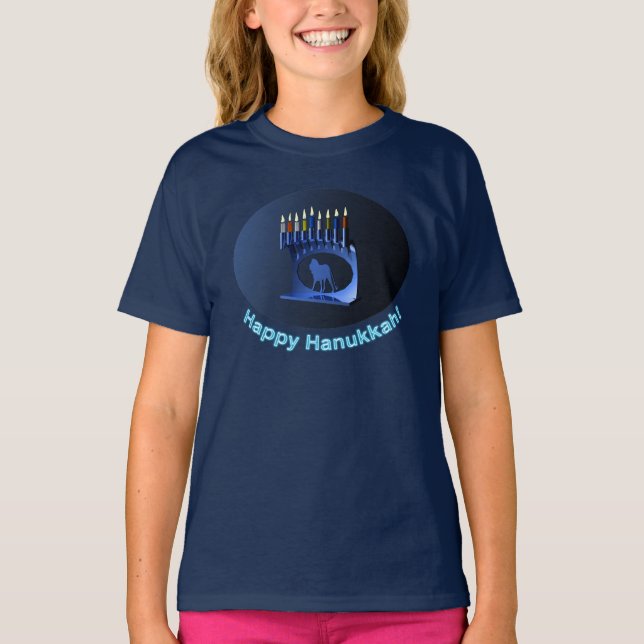 Shiny Blue Chanukkah Menorah T-Shirt (Front)