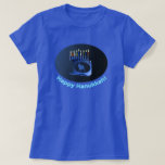 Shiny Blue Chanukkah Menorah T-Shirt<br><div class="desc">A modernistic, metallic, blue Chanukkah menorah, featuring a lion in silhouette, against a dark, night-like background. All nine of the candles are lit. Hebrew text reading "Chag Chanukkah Sameach" (Happy Hanukkah) also appears in glowing blue and white.</div>