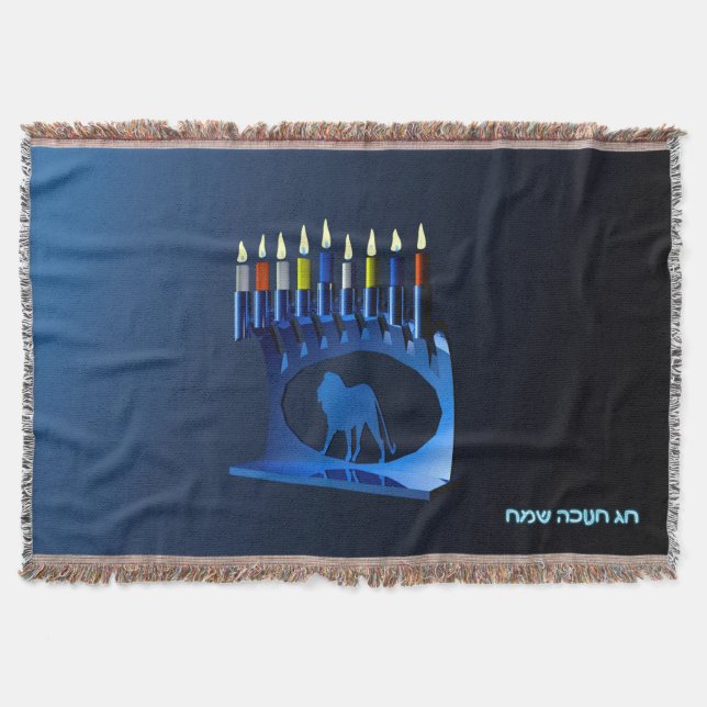 Shiny Blue Chanukkah Menorah Throw Blanket (Front)