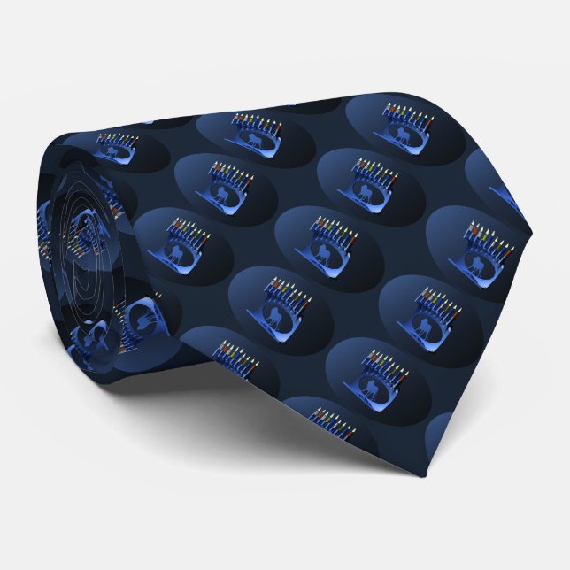 Shiny Blue Chanukkah Menorah Tie (Rolled)