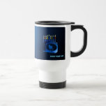 Shiny Blue Chanukkah Menorah Travel Mug<br><div class="desc">A modernistic,  metallic,  blue Chanukkah menorah,  featuring a lion in silhouette,  against a dark,  night-like background. All nine of the candles are lit. Hebrew text reading "Chag Chanukkah Sameach" (Happy Hanukkah) also appears in glowing blue and white. Add your own additional text on the reverse side.</div>