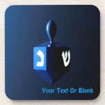 Shiny Blue Dreidel Coaster<br><div class="desc">A modernistic, metallic blue dreidel against a dark, night-like background. Two of the Hebrew letters found on a dreidel, nun and shin, glow brightly. Add your own text.</div>