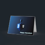 Shiny Blue Dreidel Holiday Card<br><div class="desc">A modernistic,  metallic,  blue dreidel against a dark,  night-like background.  Two of the Hebrew letters found on a dreidel,  nun and shin,  glow brightly.  Text reading "Happy Hanukkah" also appears in glowing blue and white.</div>