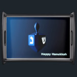 Shiny Blue Dreidel Serving Tray<br><div class="desc">A modernistic, metallic blue dreidel against a dark, night-like background. Two of the Hebrew letters found on a dreidel, nun and shin, glow brightly. Text reading "Happy Hanukkah" also appears in glowing blue and white.</div>