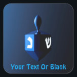 Shiny Blue Dreidel Square Sticker<br><div class="desc">A modernistic,  metallic blue dreidel against a dark,  night-like background.  Two of the Hebrew letters found on a dreidel,  nun and shin,  glow brightly.  Add your own text.</div>