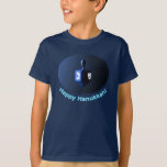 Shiny Blue Dreidel T-Shirt<br><div class="desc">A modernistic,  metallic blue dreidel against a dark,  night-like background.  Two of the Hebrew letters found on a dreidel,  nun and shin,  glow brightly. Text reading "Happy Hanukkah!" also appears in glowing blue and white.</div>