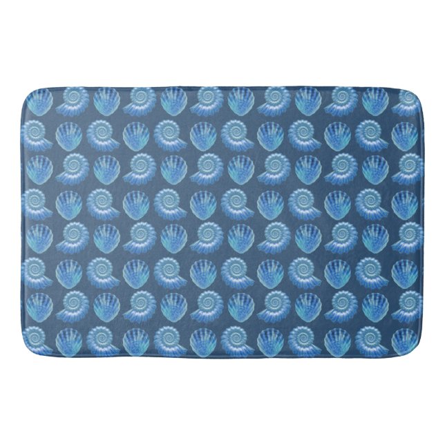 Shiny Blue Ornate Sea Shells Pattern Bath Mat (Front)