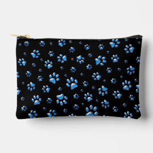 Shiny Blue Paws on black Background Print Pattern Accessory Pouch