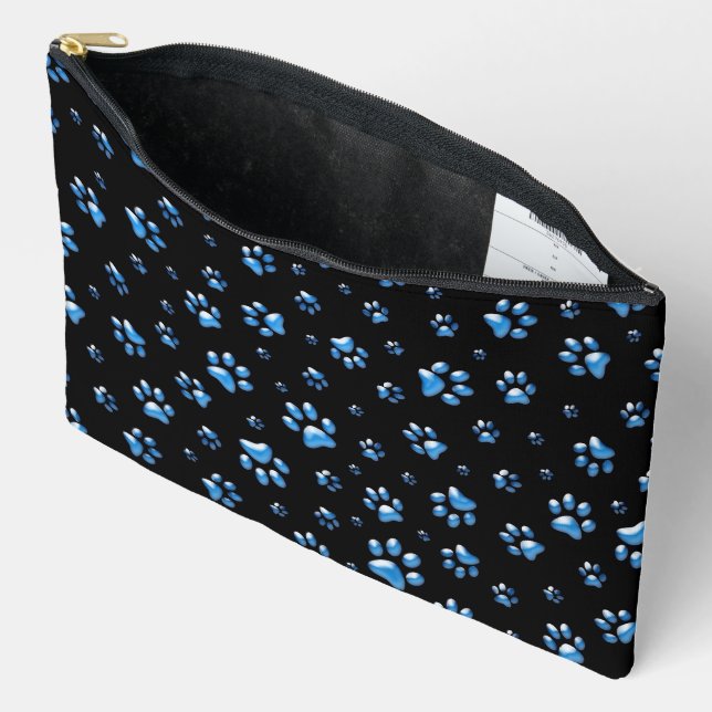 Shiny Blue Paws on black Background Print Pattern Accessory Pouch (Open)